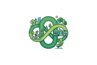 Das Bild zeigt eine stilisierte, grüne Grafik zum Thema nachhaltige Mobilität und grüne Städteplanung.