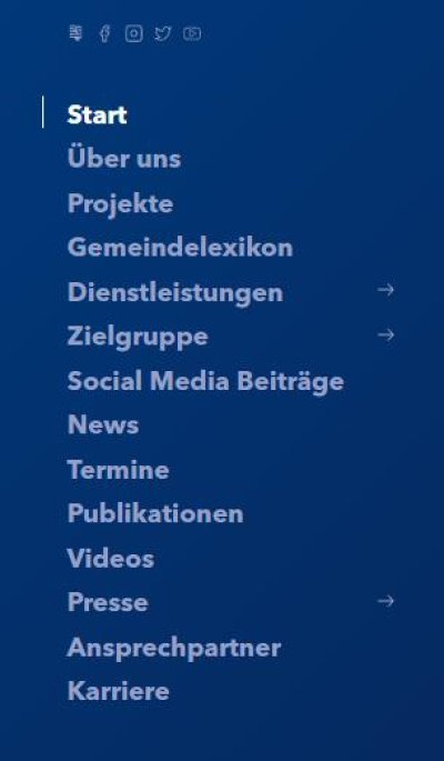 Menüleiste mit alle Rubriken Ansicht aller Rubriken im Menü