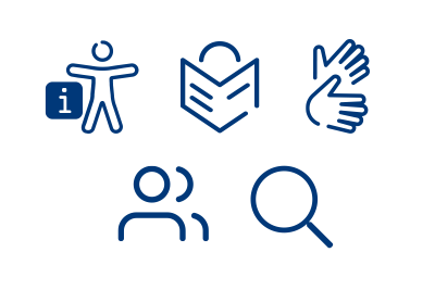 Icons Leichte Sprache Symbole für Barrierefreiheit, leichte Sprache, Gebärdensprtachliche Videos, Ansprechpartner und Suche